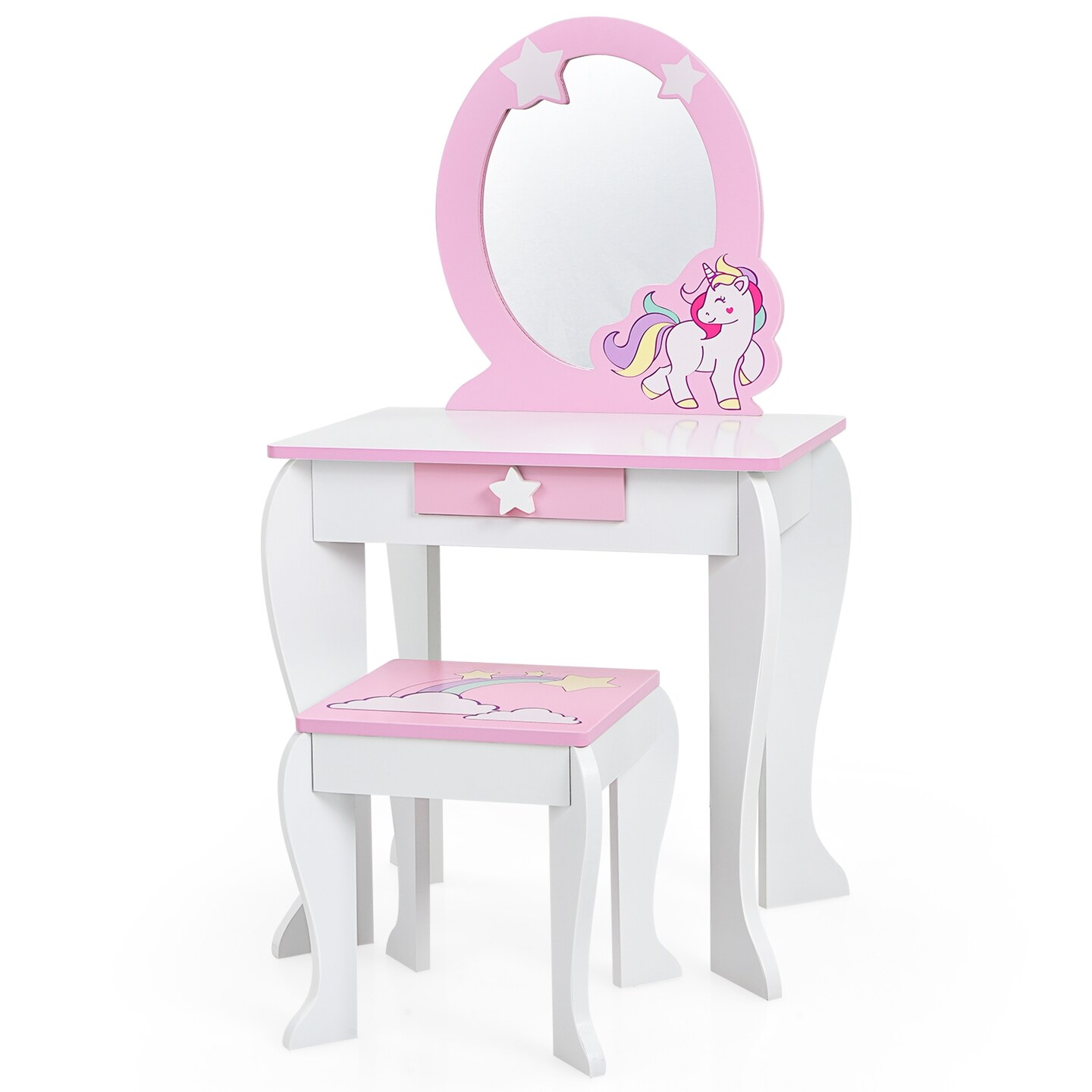 Kids Wooden Makeup Dressing Table and Chair Set with Mirror and Drawer