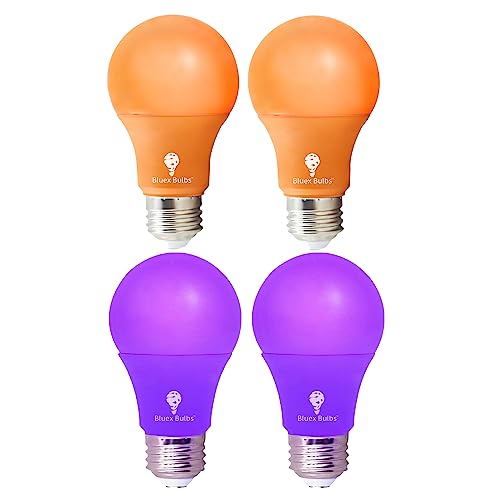 4 Pack A19 LED Purple Light Bulb LED Orange Light Bulb 120V E26 Base 9 Watt (60-watt Replacement) Purple Bulb Orange Bulb, Party Decoration, Porch, Home Lighting, Halloween Light Bulbs