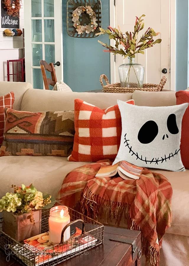 LYNZYM Nightmare Before Christmas Cotton Linen Square Throw Pillow Case Decorative Cushion Cover Pillowcover for Sofa 18&#x22;X 18&#x22; Halloween Throw Pillow Covers (3)