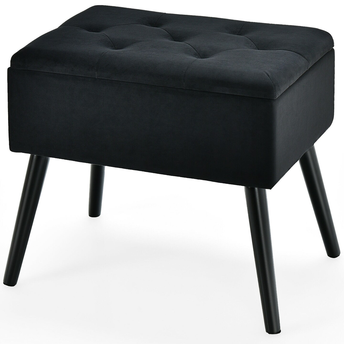 Black Velvet Storage Ottoman with Thick Cushion and Solid Wood Legs