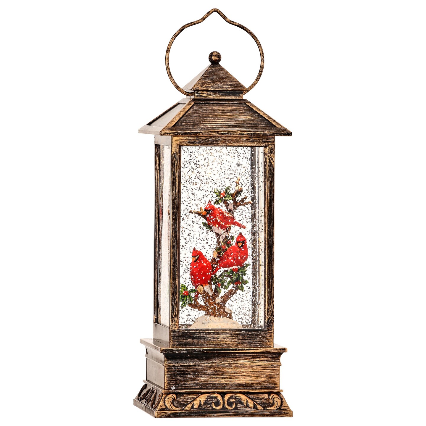 Contemporary Home Living 10.75&#x22; LED Lighted Cardinals in Snow Globe Christmas Lantern