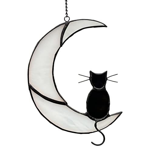 Black Cat Decor On White Moon Stained Glass Window Hanging Suncatcher for Windows Panels Sun Catcher Halloween Ornament Decoration Memorial Gift Cat for Lover Cat Loss