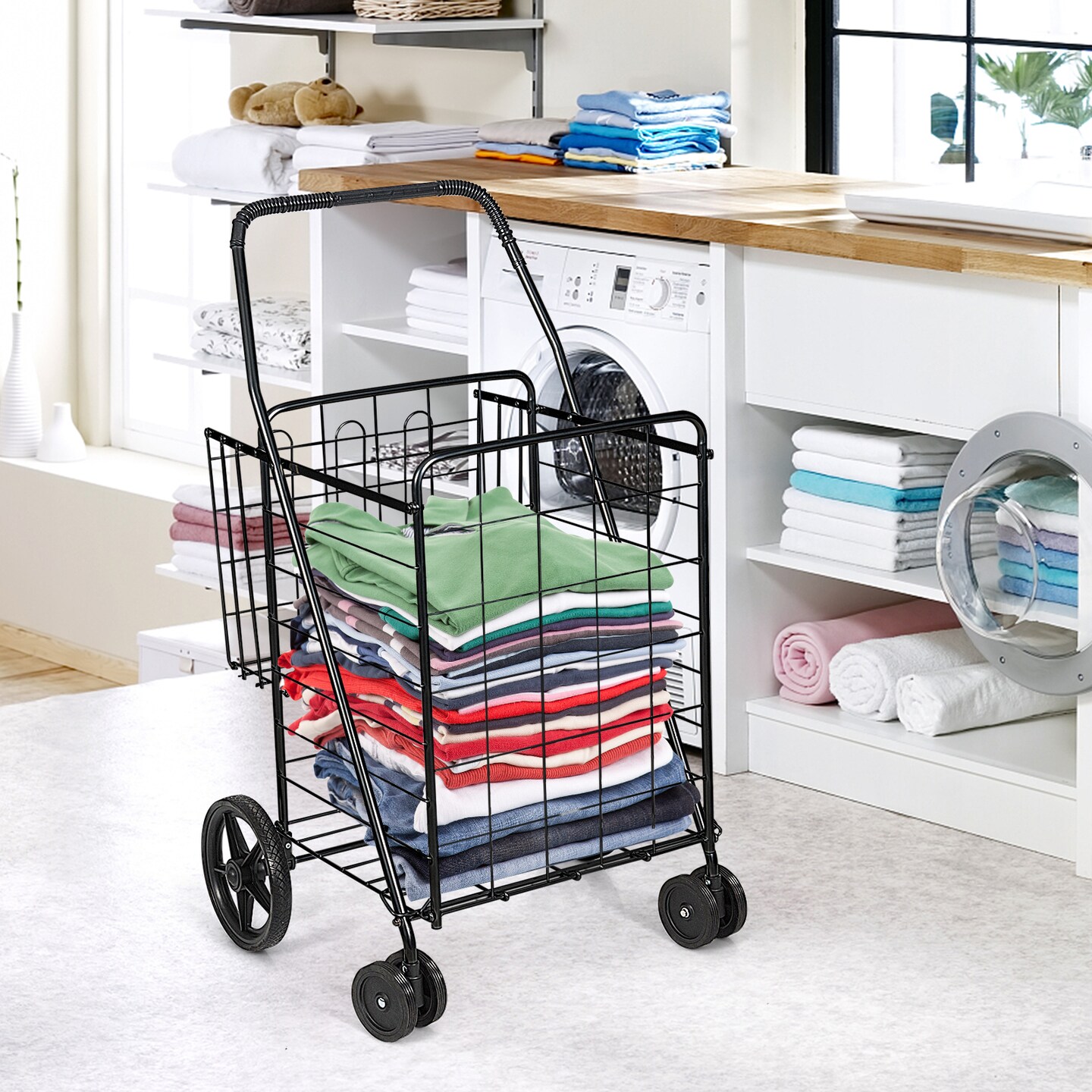 Folding Shopping Cart for Laundry with Swiveling Wheels &#x26; Dual Storage Baskets