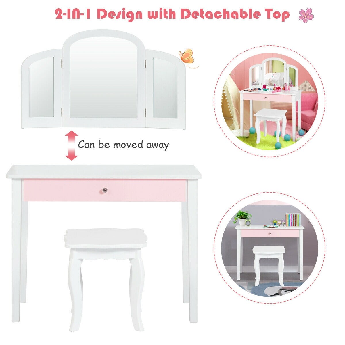 Kids Princess Make Up Dressing Table with Tri-folding Mirror and Chair