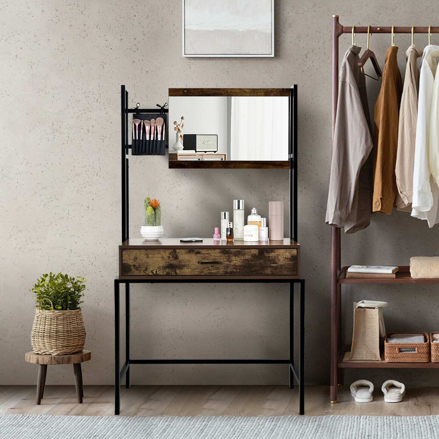 Industrial Vanity Table with 3-Height Adjustable Mirror Bag and Metal Frame