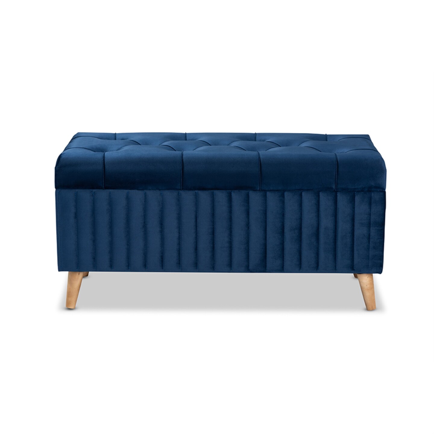 Baxton Studio Hanley Modern and Contemporary Navy Blue Velvet Fabric Upholstered and Walnut Brown Finished Wood Storage Ottoman