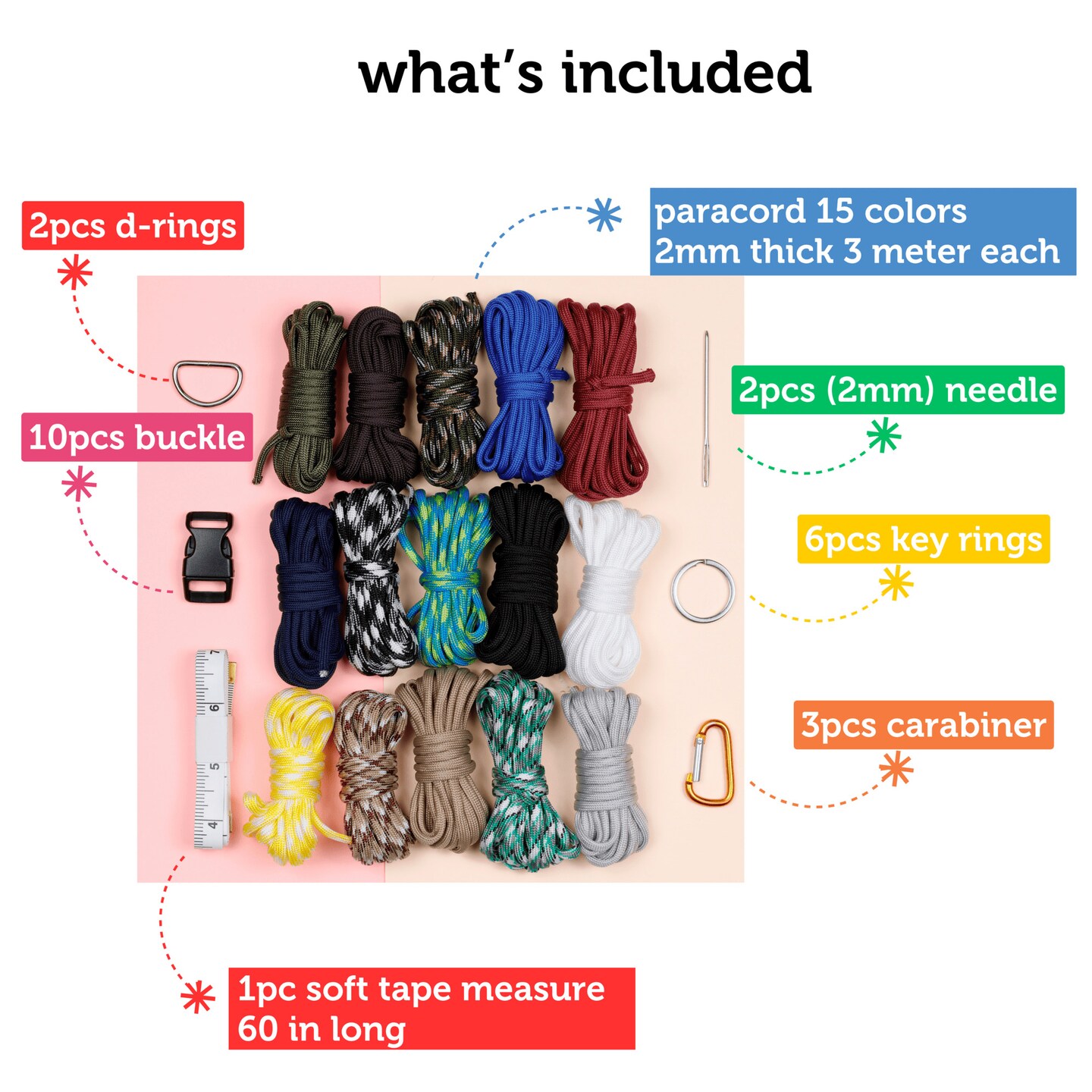 Incraftables Paracord kit with 15 Colors Paracord Rope (2mm), Buckle, Keyring, Carabiner &#x26; More. Best Paracord Bracelet Making Set for Lanyards, Dog Collars, Parachute Cord &#x26; Survival Rope