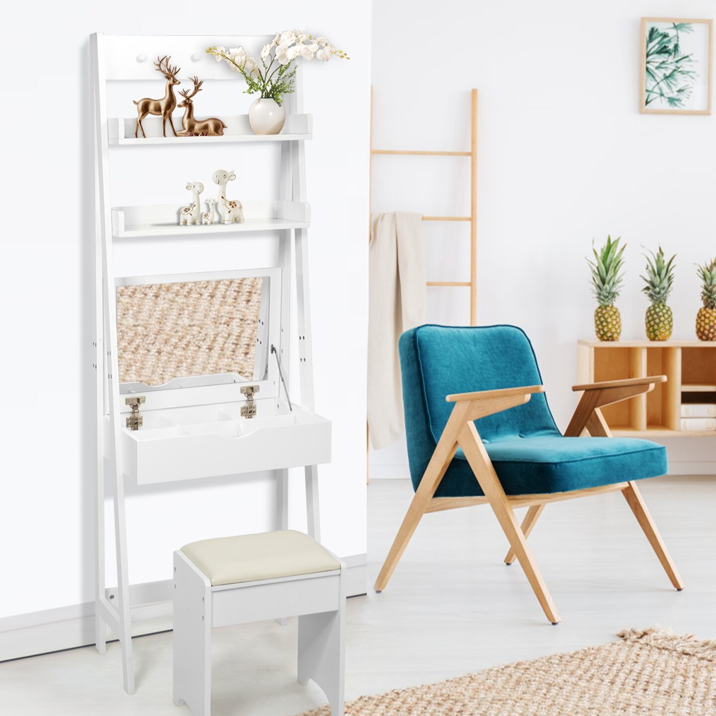 White Vanity Table with Flip Mirror, 3-in-1 Desk, Bookshelf, and Stool