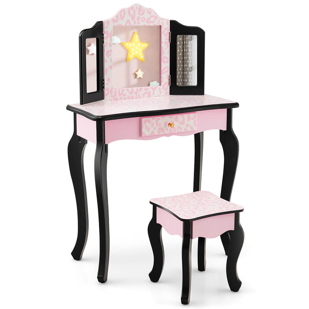Pink Kids Vanity Table and Stool Set Tri-Folding Mirror MDF Leopard Print