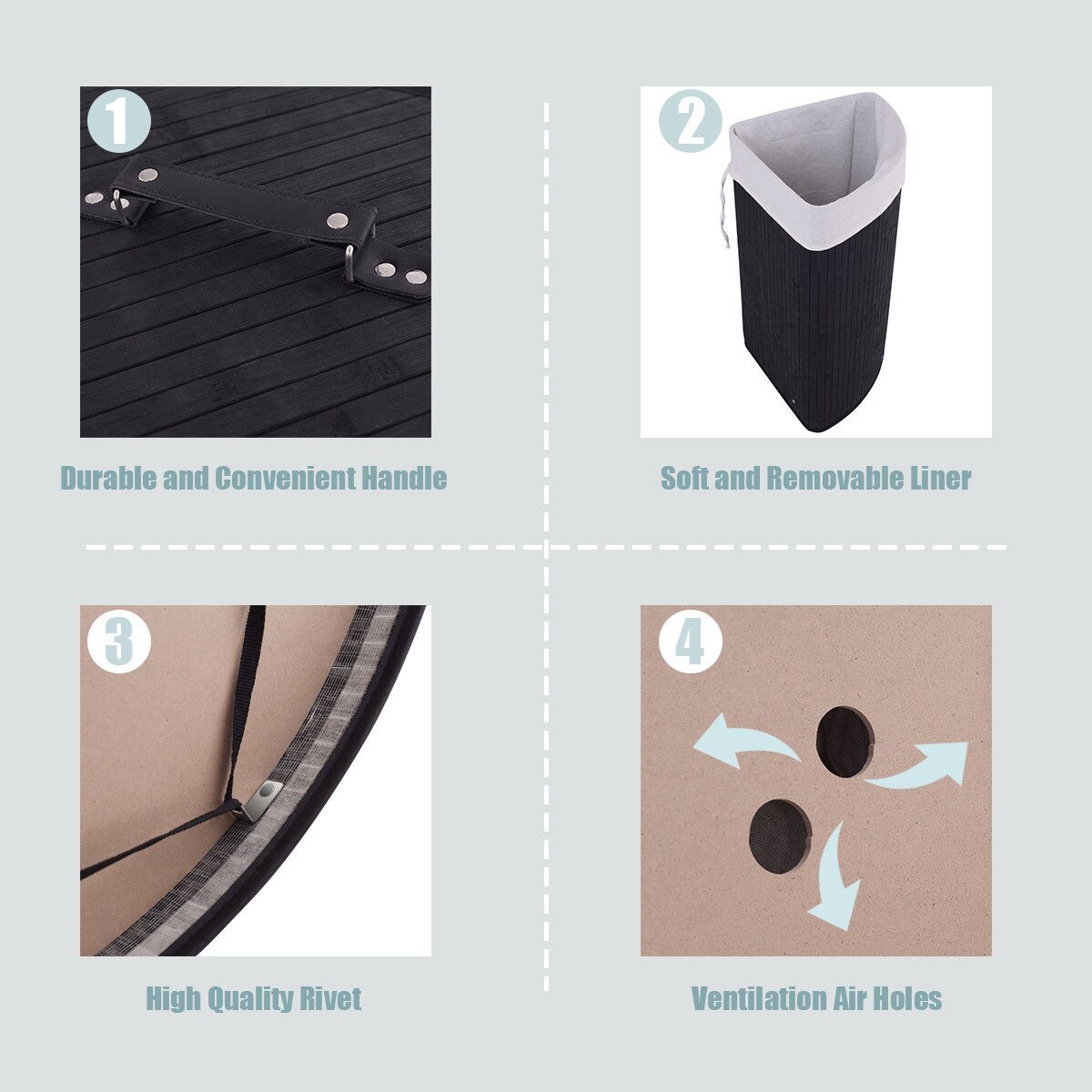 Corner Laundry Hamper Basket with Lid Removable Liner Wicker Black