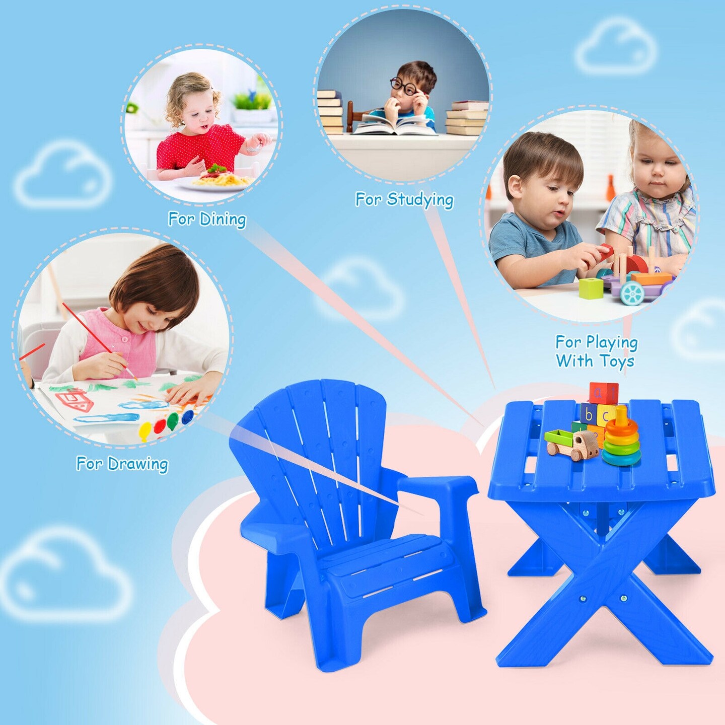 3-Piece Plastic Children Play Table Chair Set Perfect for Indoor-Outdoor Use