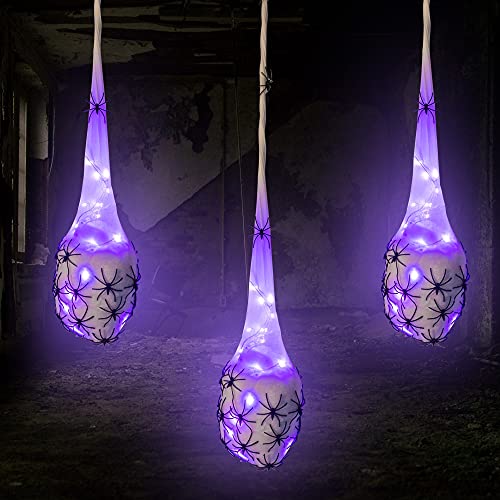 FUNPENY 3.2FT Halloween Decoration Hanging Light Up Spider Egg Sacs 3 Packs, Gift for Halloween Party Favors Games, Sacks Props for Halloween, Birthday Indoor Outdoor Decor (Purple)