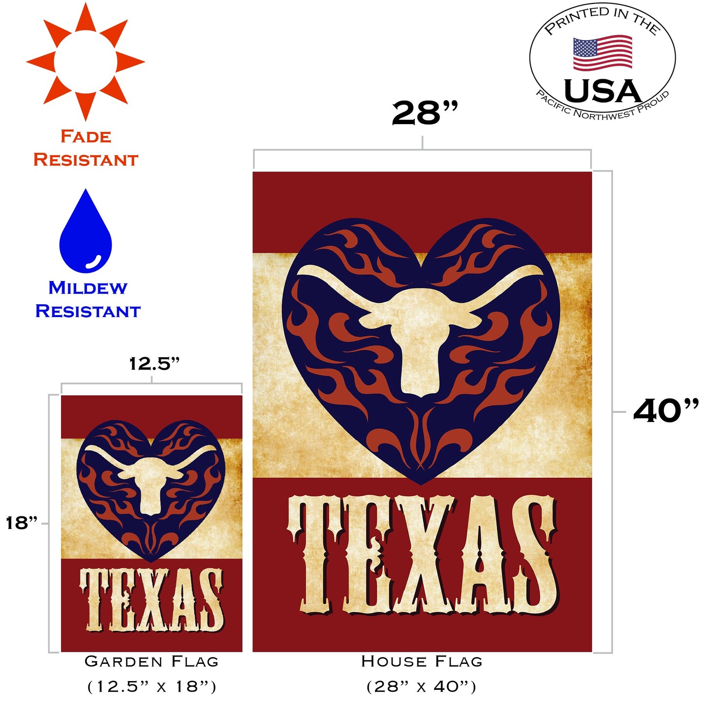 Texas Longhorn Heart Decorative Texas Flag
