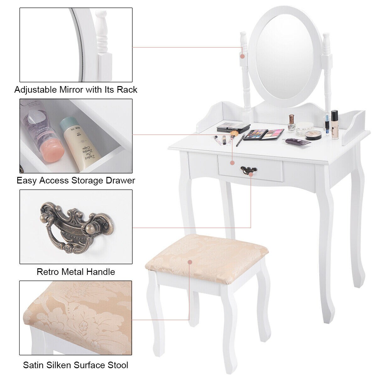 Wooded Vanity Table Set with Oval Mirror and Rotating Mirror