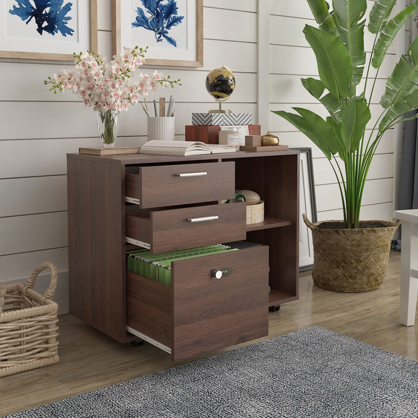 Office Wooden File Cabinet with coded Lock Drawer with Open Storage Shelves