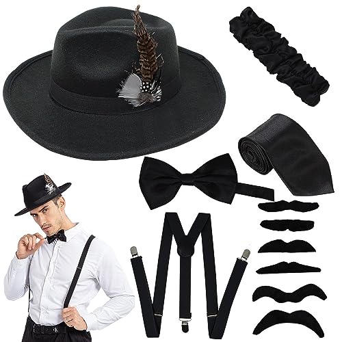 Manhattan 1920s Mens Gatsby Gangster Retro Costume Accessories Set (Black)