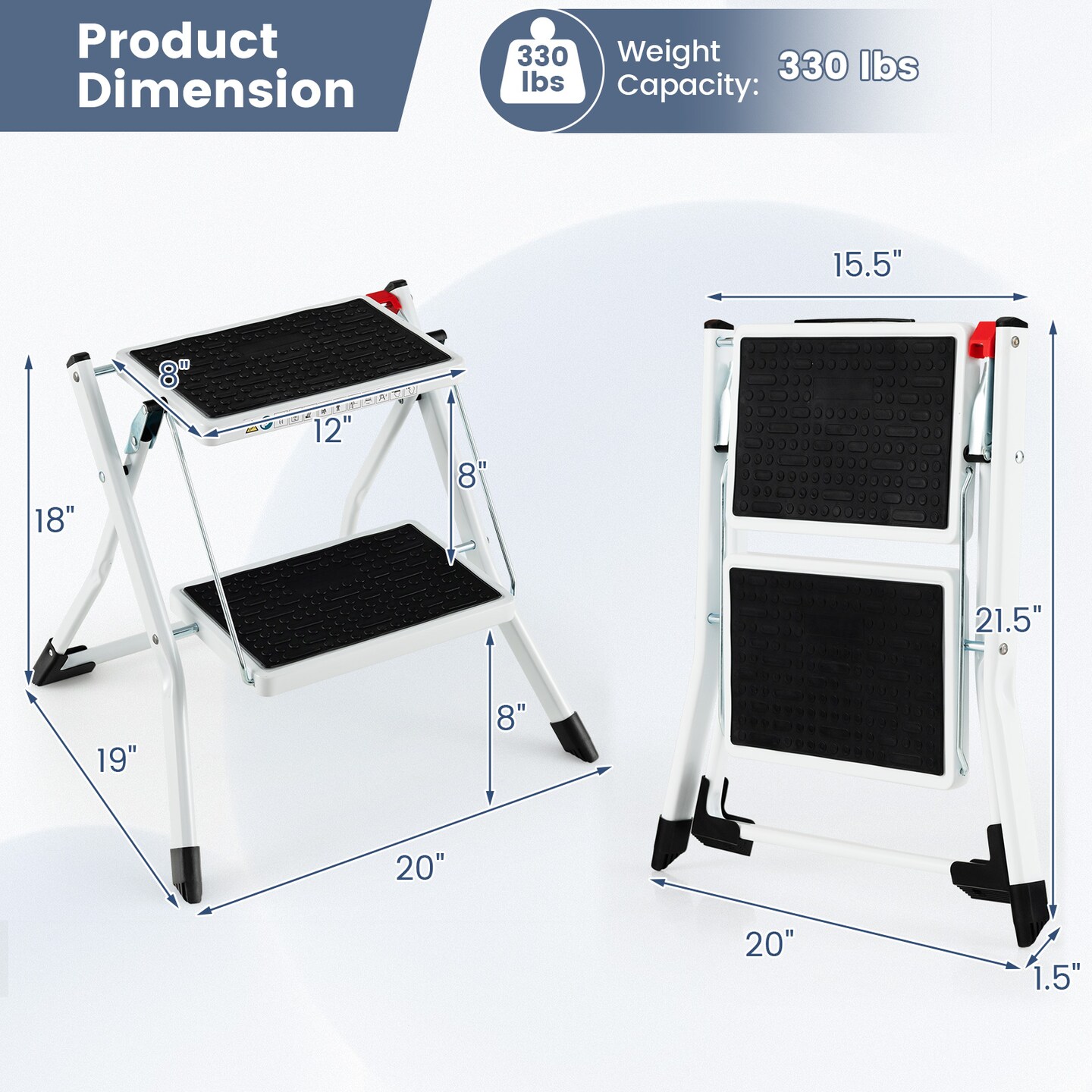 Folding 2 Step Ladder wiht Anti-Slip Pedal and Large Foot Pads-Black &#x26; White