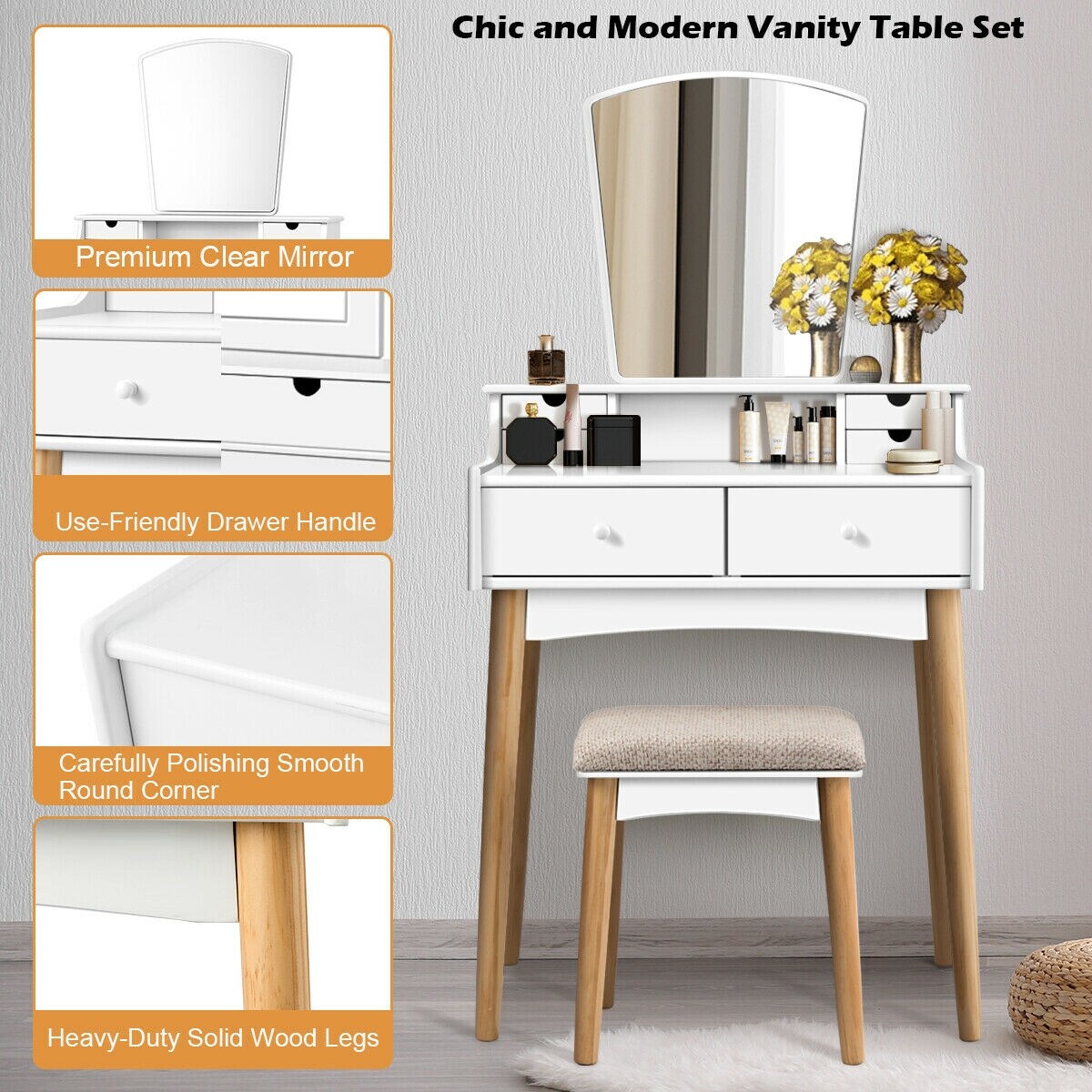 Vanity Table Set Dressing Table Cushioned Stool Makeup Table