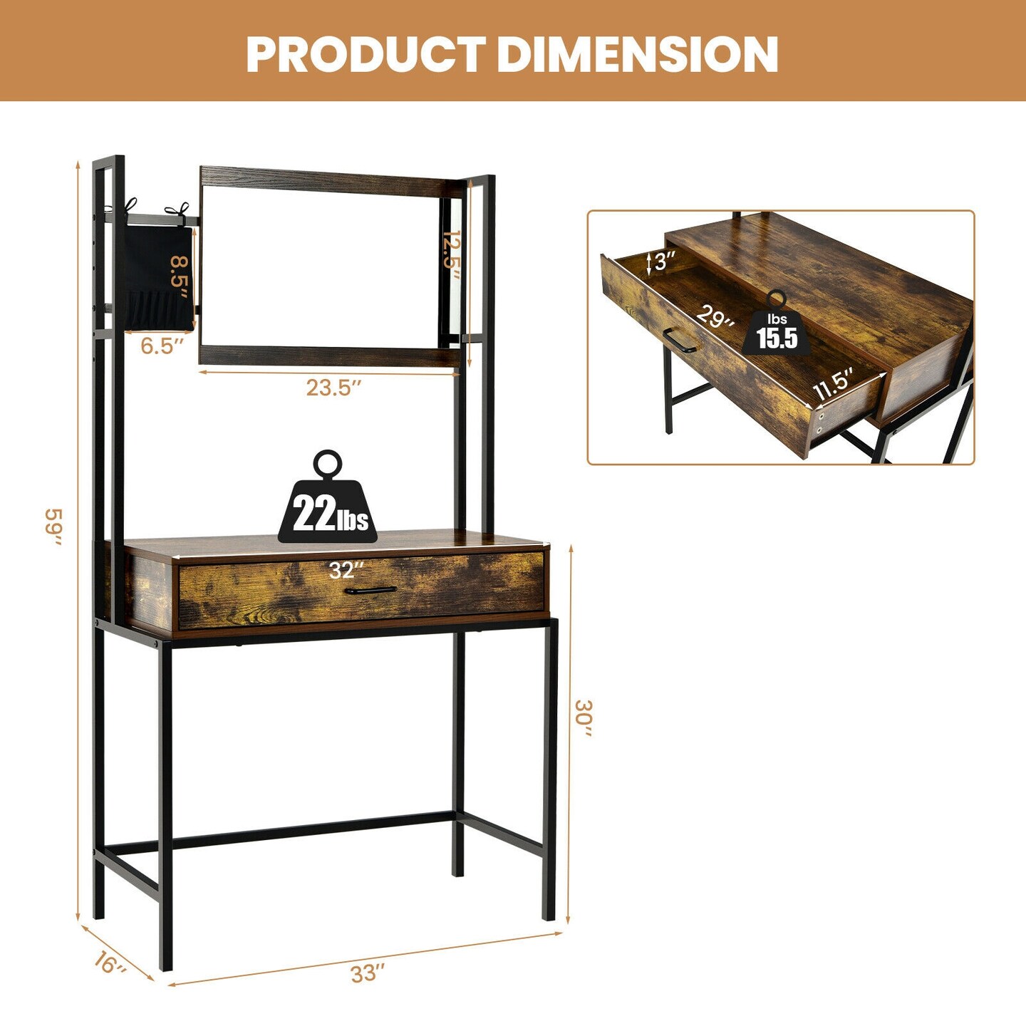 Industrial Vanity Table with 3-Height Adjustable Mirror Bag and Metal Frame