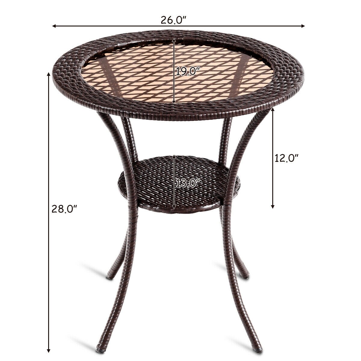 Brown Round Wicker Patio Table Tempered Glass Outdoor Indoor 26 Inch