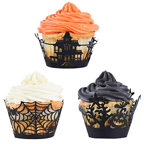Whaline 60 Pack Halloween Cupcake Wrappers Spiderweb/Witch/Castle Laser Cut Paper Liners Holders for Halloween Party Wedding Birthday Decoration (Black)