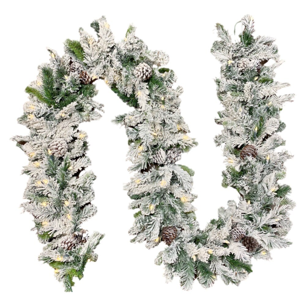 Flocked Christmas Garland Mixed Pine Pre-lit - LED -9' x 10" Artificial - Holiday Tree
