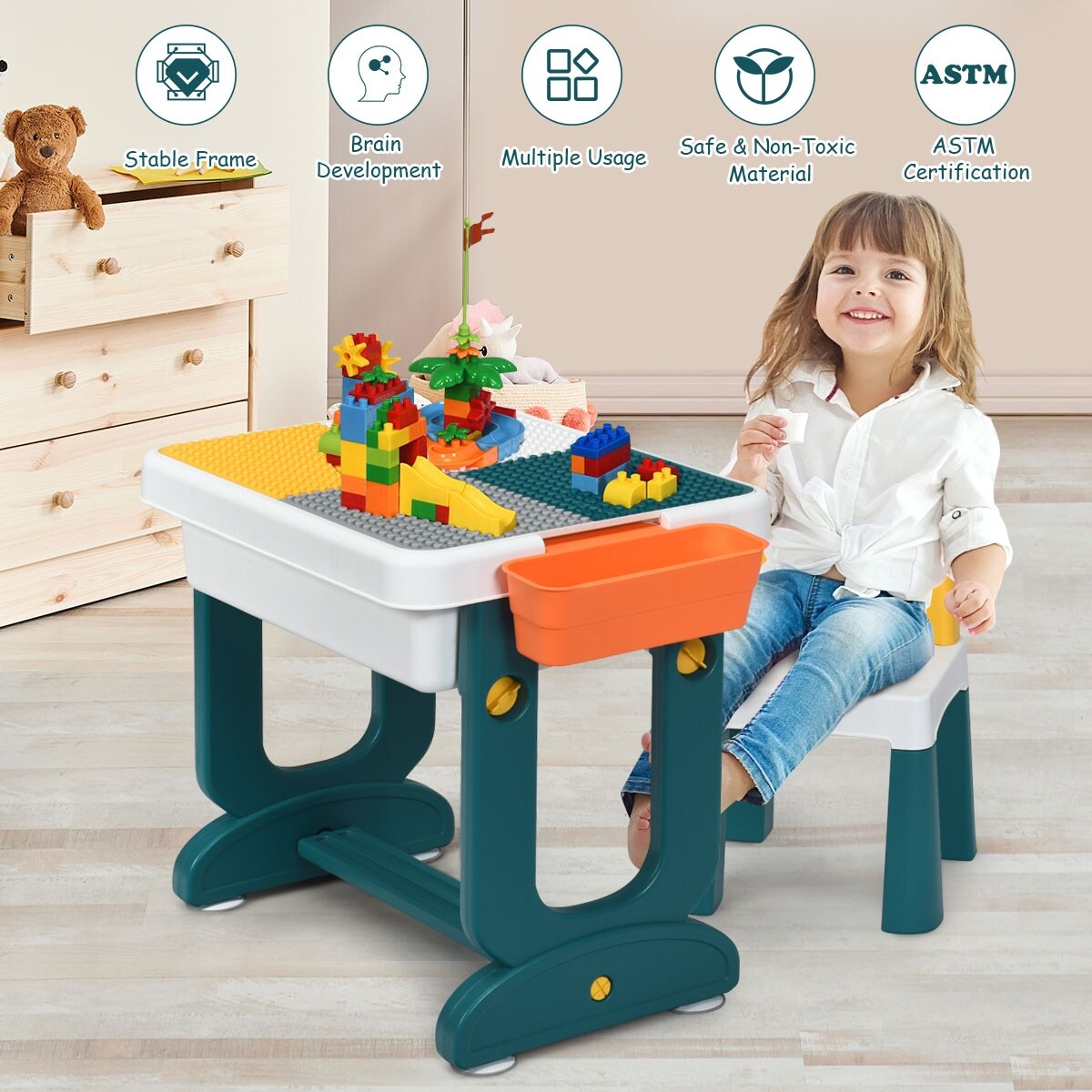 5 in 1 Multi-functional Kids Table and Chair Set with Storage Baskets and Tilted Drawing Board