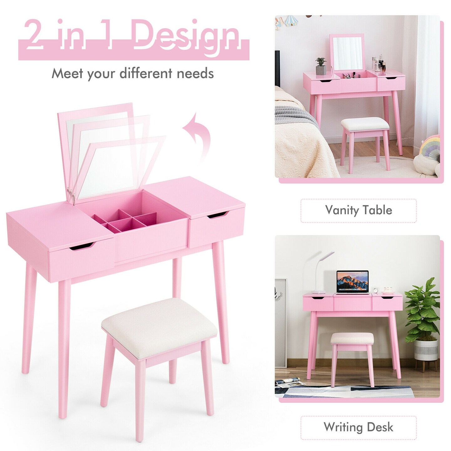 Makeup Vanity Desk with Stool 2 Drawers 9 Removable Dividers Pink
