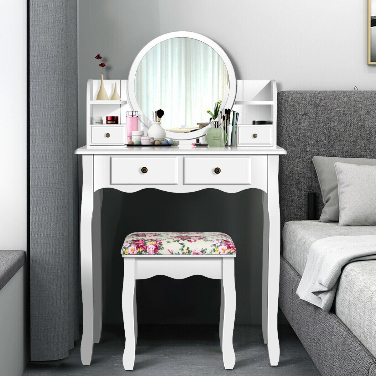 Makeup Vanity Table Set Girls Dressing Table with Drawers Oval Mirror
