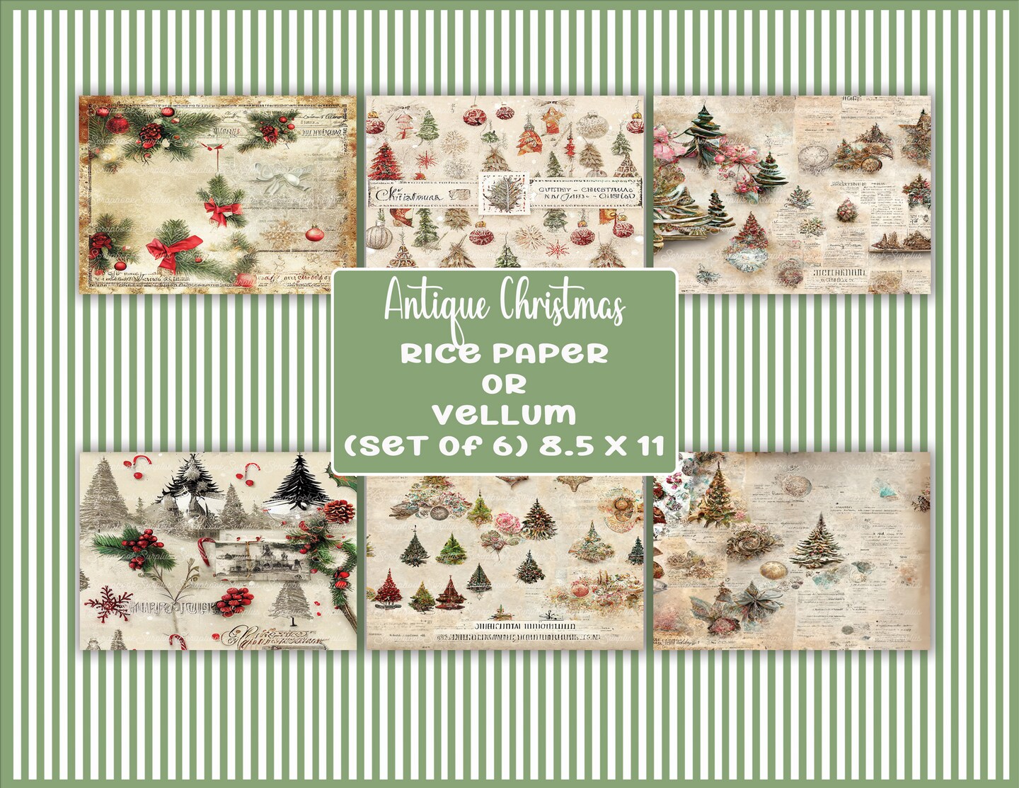 Decoupage Rice Paper OR Vellum Sheets -(Antique Christmas) Set of 6 - 8.5 x  11