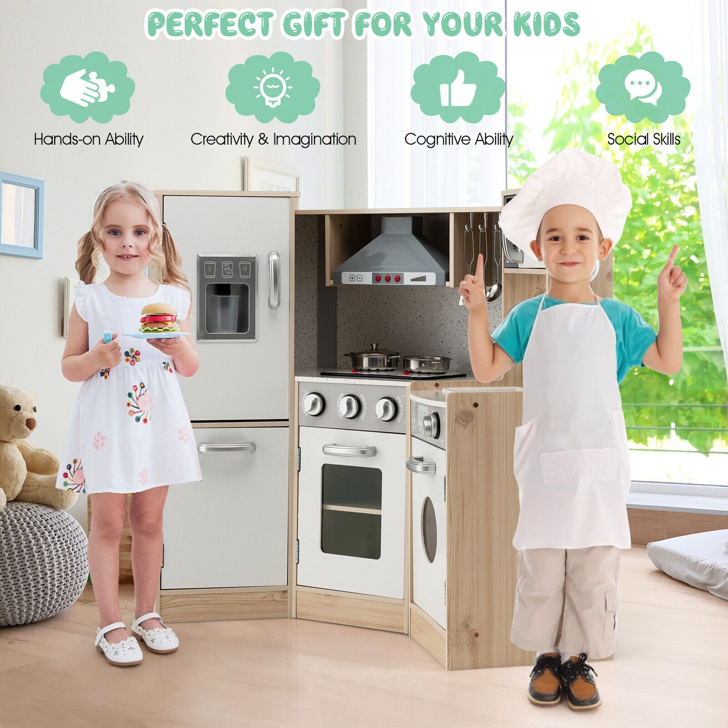 White Natural Kids Corner Kitchen Playset 9-in-1 With Lights And Sounds