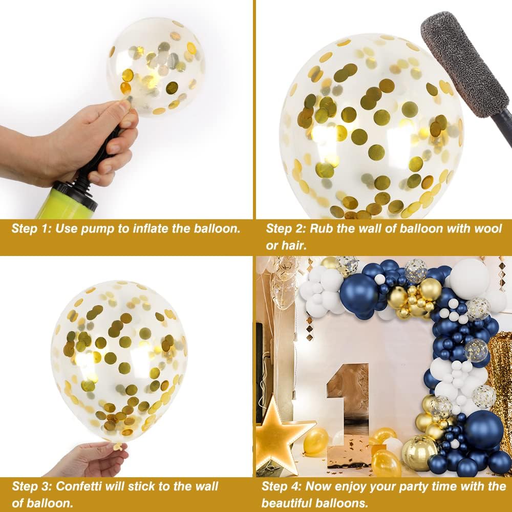 174pcs Navy Blue Gold Balloons Garland Arch Kit, Metallic Gold Latex White Confetti Mixed Sizes Balloons Foil Balloons for Baby Shower Birthday Party Wedding Graduation Decoration