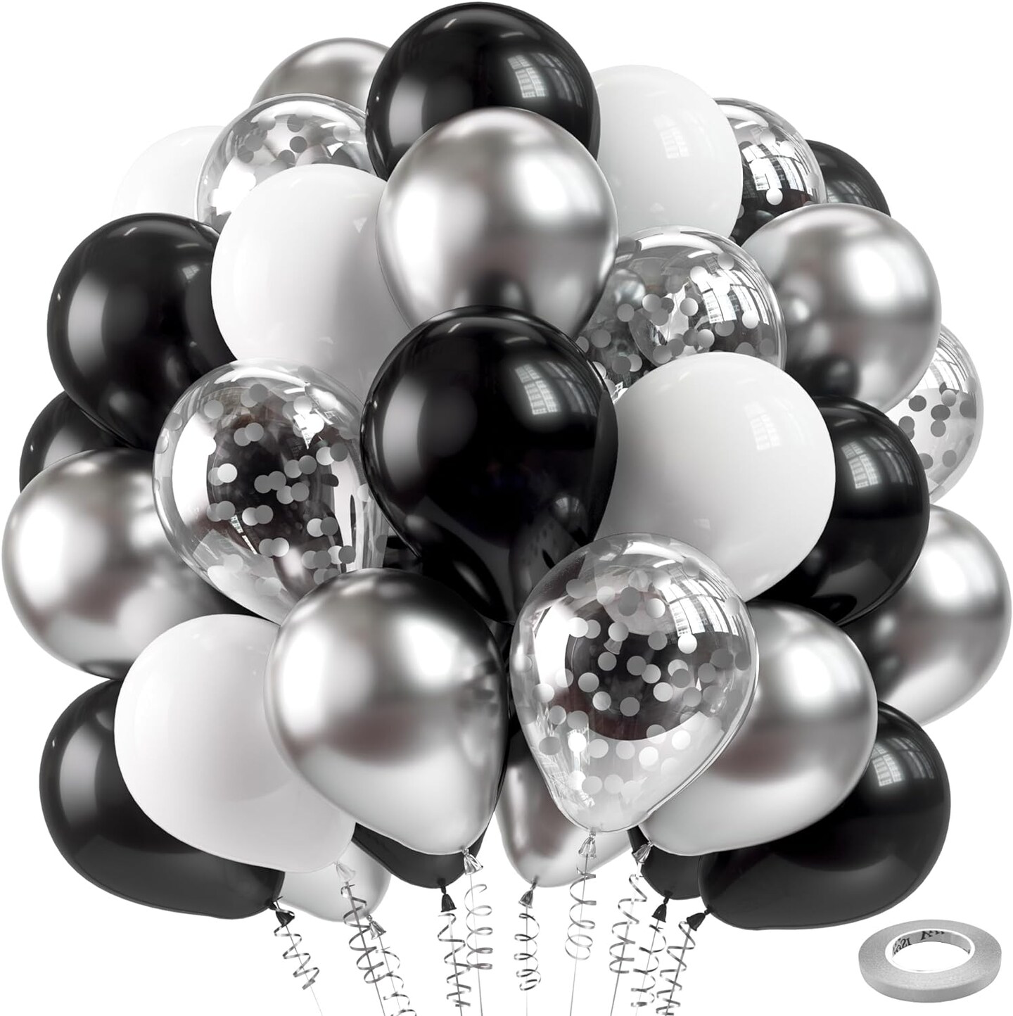 Black Silver Confetti Latex Balloons,60pcs 12 inch Black White Silver Metallic Chrome and Silver Confetti Balloons for Birthday, Baby Shower, Wedding, and Silver Theme Party Decoration