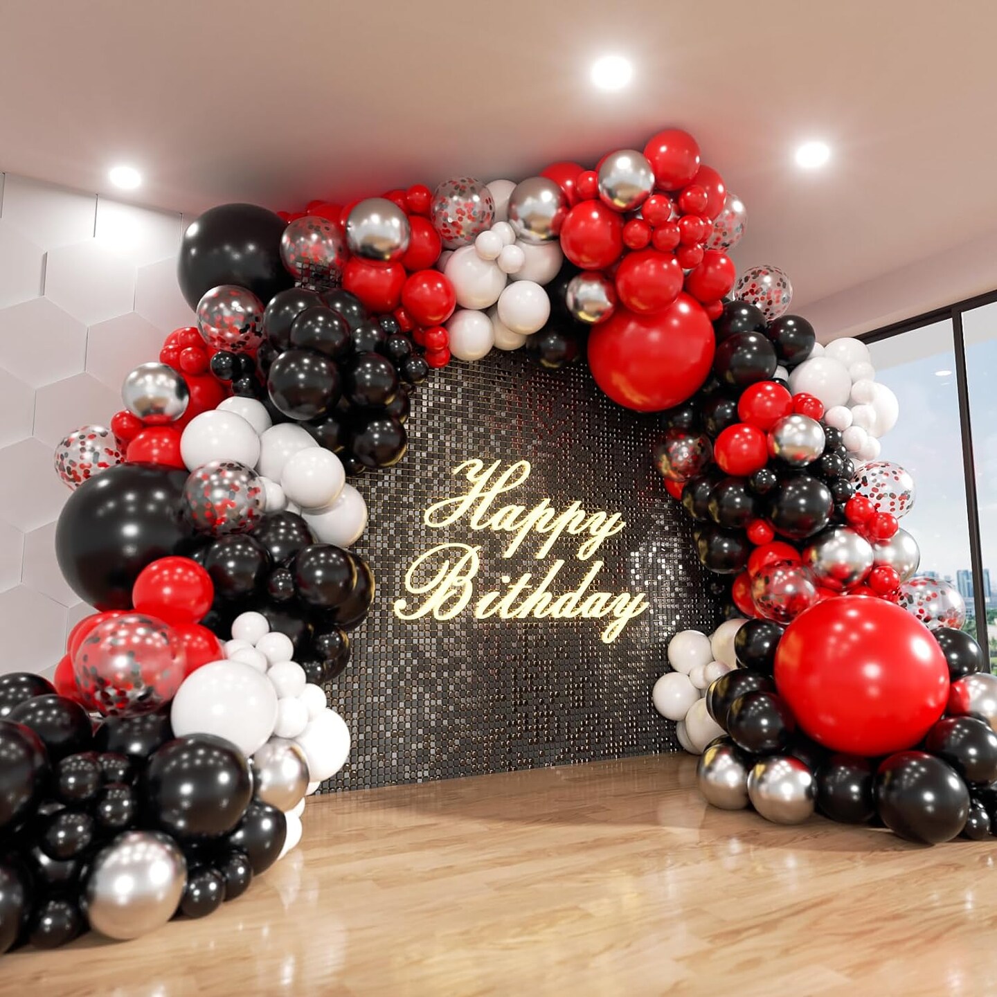 Red Black and White Balloon Arch Kit, 140Pcs Red and Black White Silver Garland kit, 18 12 10 5 Inch Different Size Balloons for Birthday Party Anniversary Racing Car New Year Prom Decorations
