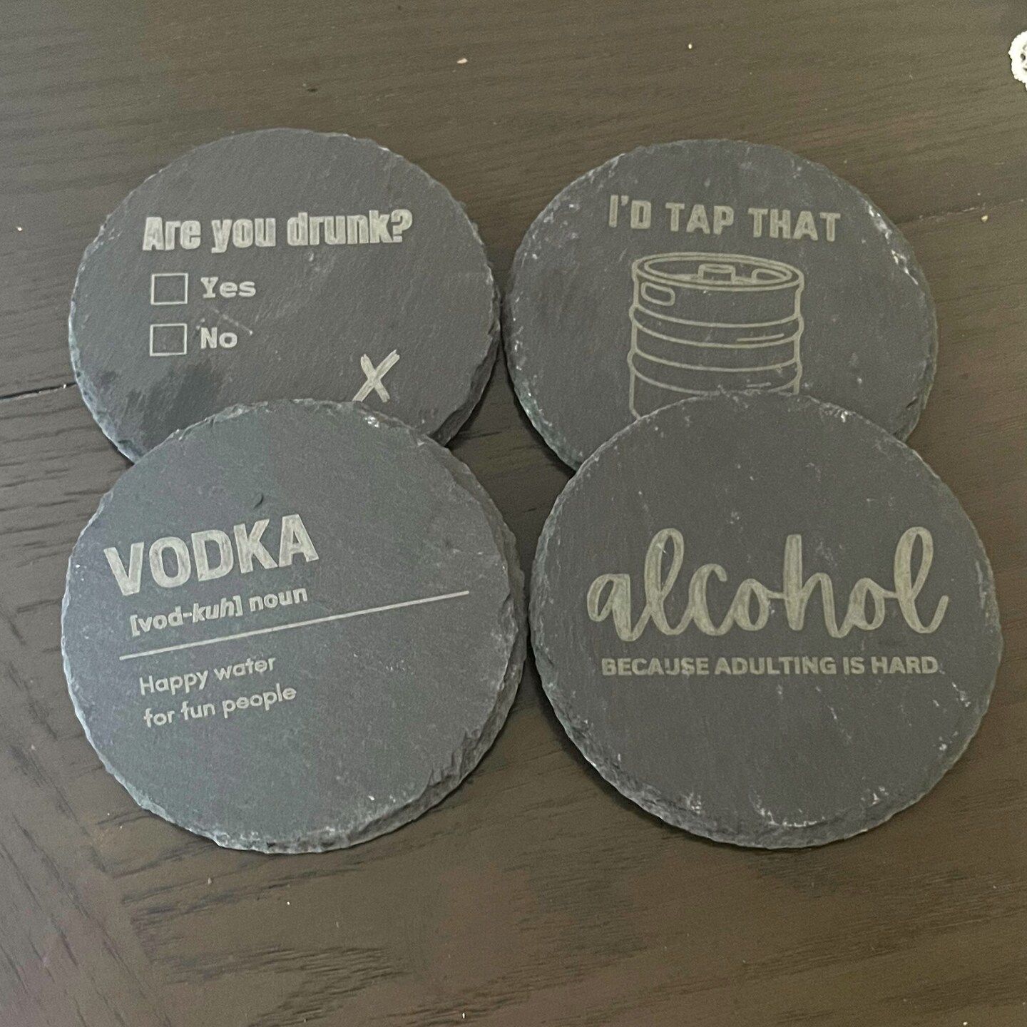 Funny Alcohol Quote Coasters: Laser Engraved Wood and Slate Barware |  MakerPlace by Michaels, image size:1080x1080