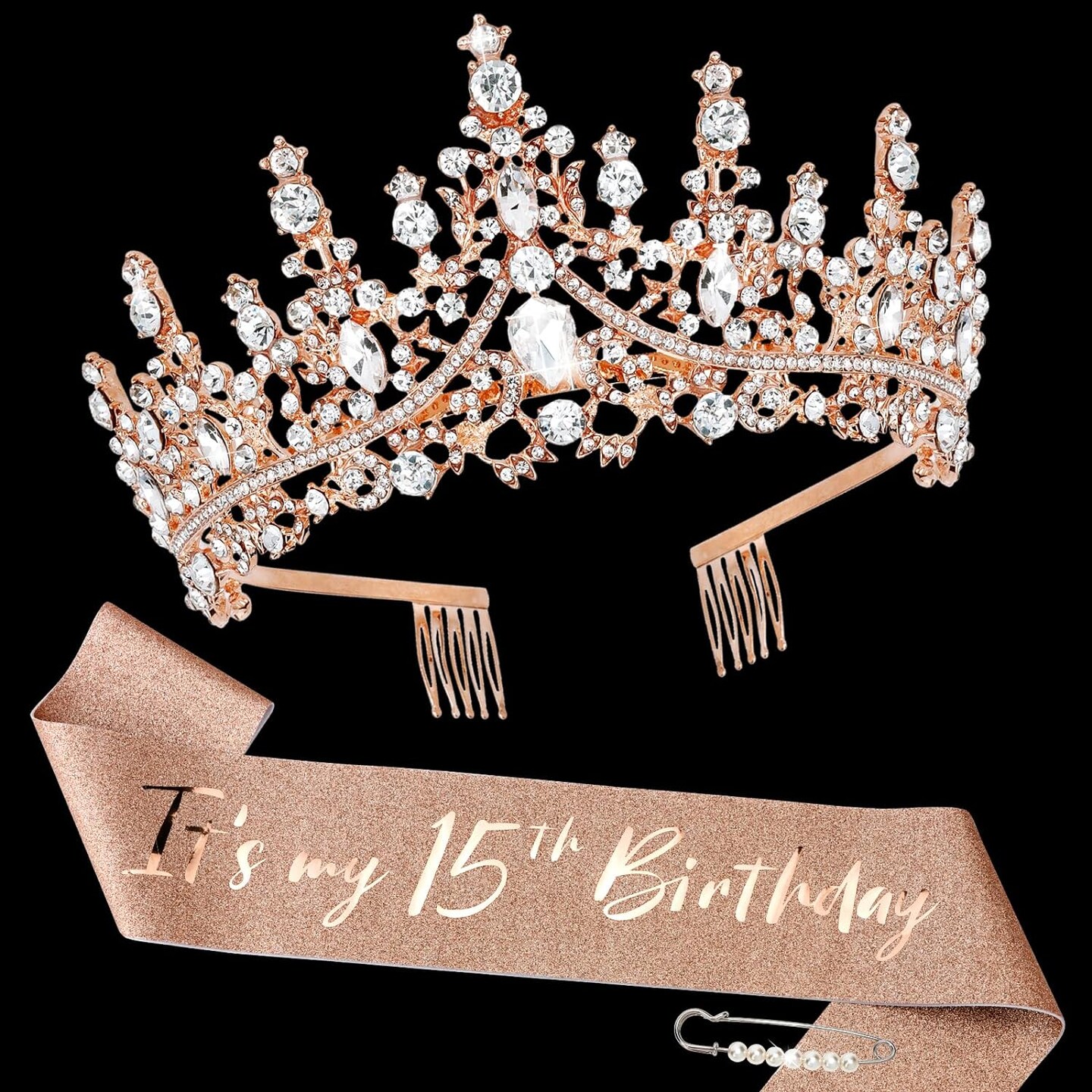 15 Birthday Decorations for Girls, Rose Gold Birthday Sash and Tiara for Girls, It&#x27;s My 15th Birthday Decorations for Girls, Quinceanera Crown Fabulous Birthday Party Favor Supplies for Girls