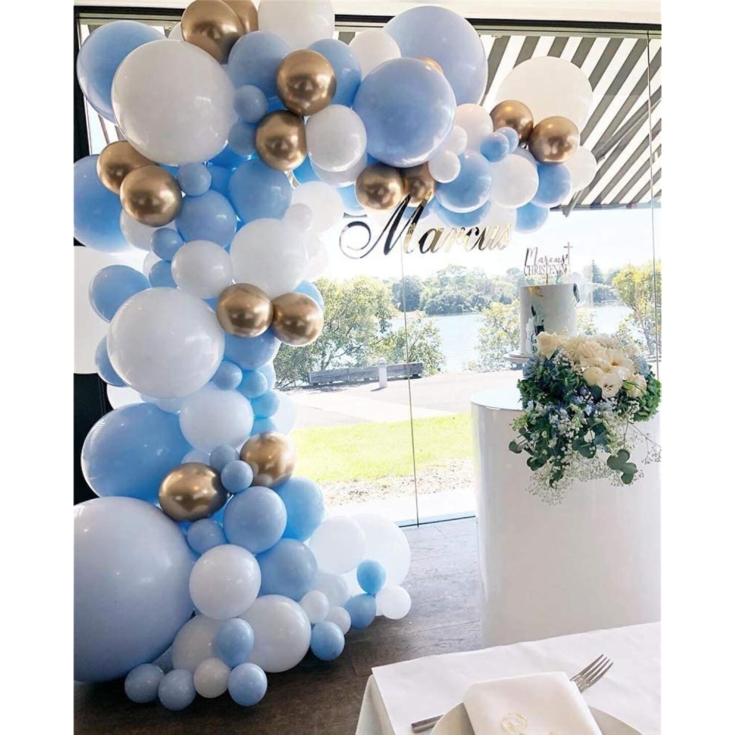 Blue White Gold Balloon Garland Arch Kit Metallic Chrome God Ballons with Macaroon Blue White Latex Balloons for Birthday Wedding Bridal Shower Party Baby Shower Decoration