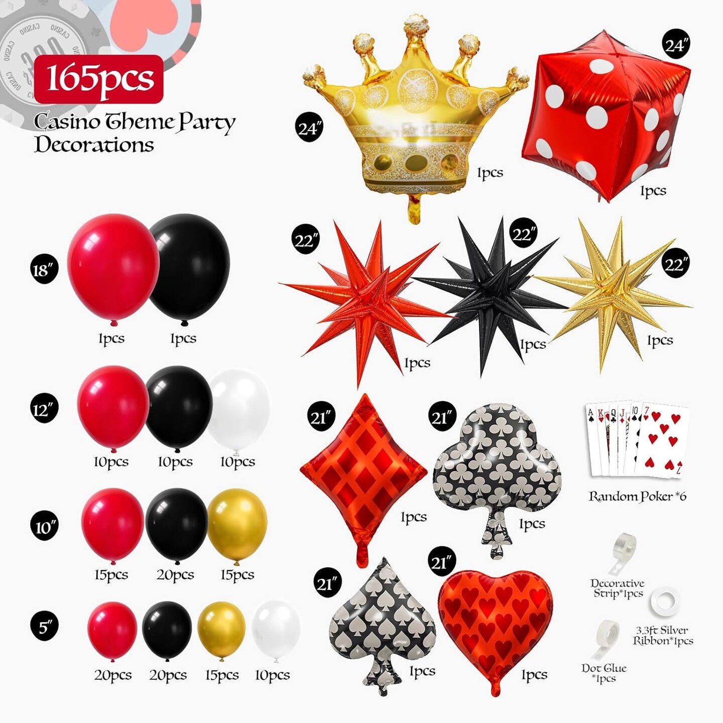165pcs Casino Balloon Arch Garland Kit, Red Black Gold Balloons with Starburst Crown Dice Poker Foil Balloons for Birthday Casino Night Las Vegas Casino Theme Party Decorations