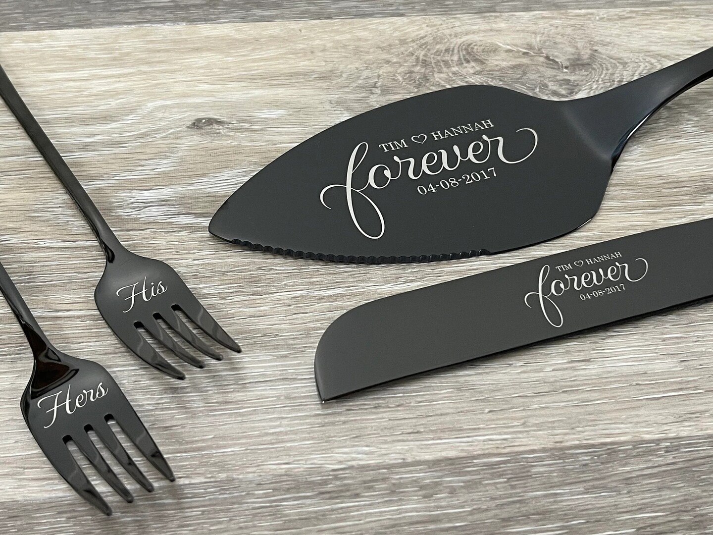 Cake Knife and Server Set with 2 Dessert Forks - Personalized, engraved wedding or anniversary ...