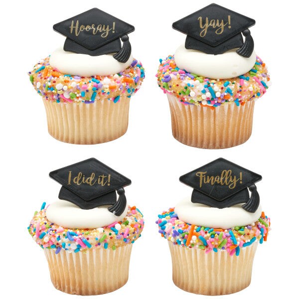Grad Hat Sayings Cupcake Rings, 12ct
