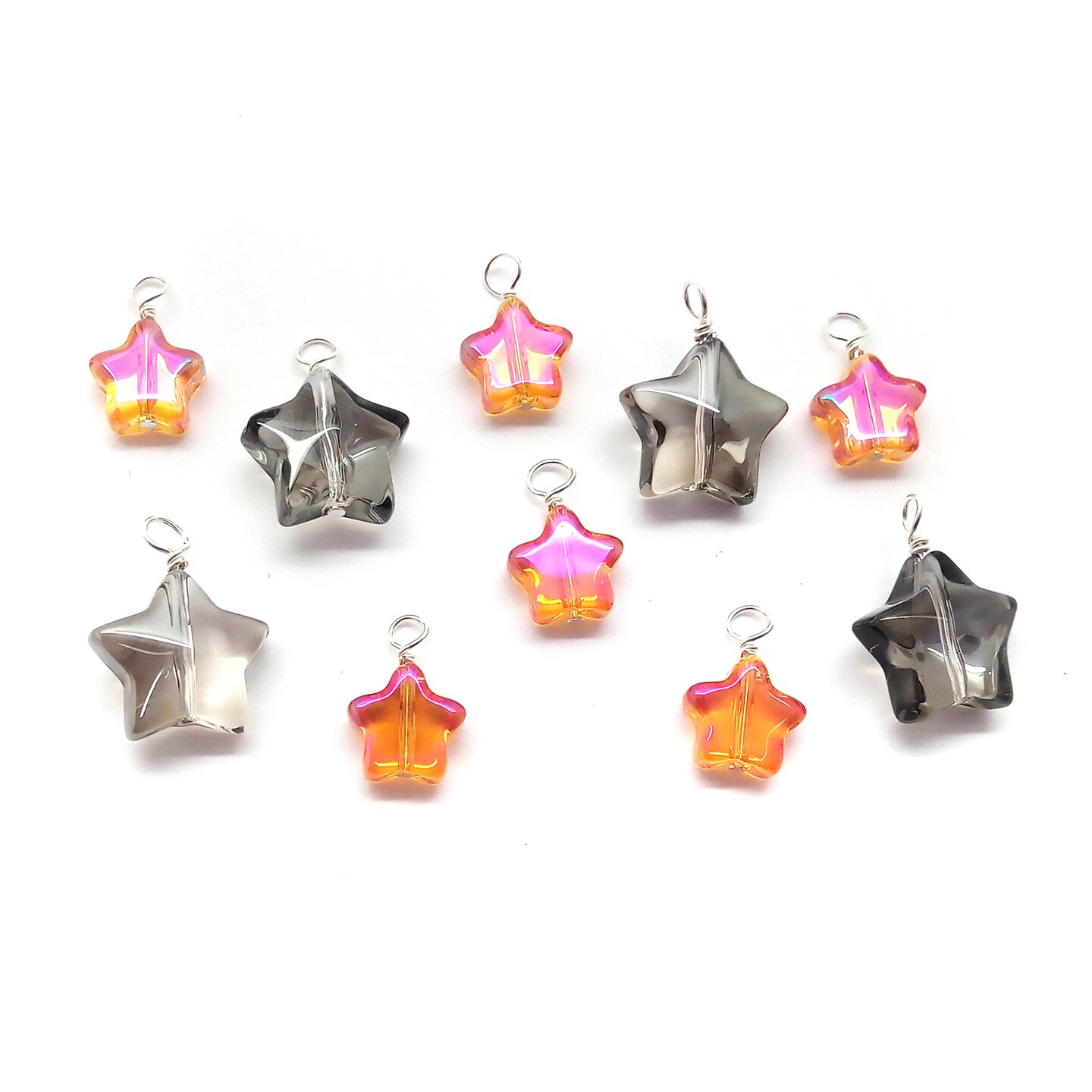 Glass Star Bead Dangle Mix, 10 pieces, Gray &#x26; Orange-Red Charms for Halloween, Adorabilities