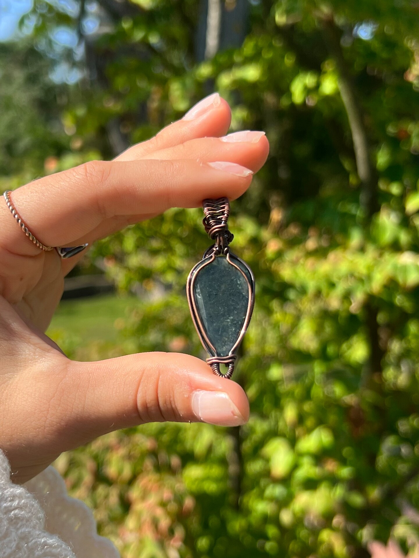 Moss Agate Statement Pendant. Set in oxidized copper wire, unique