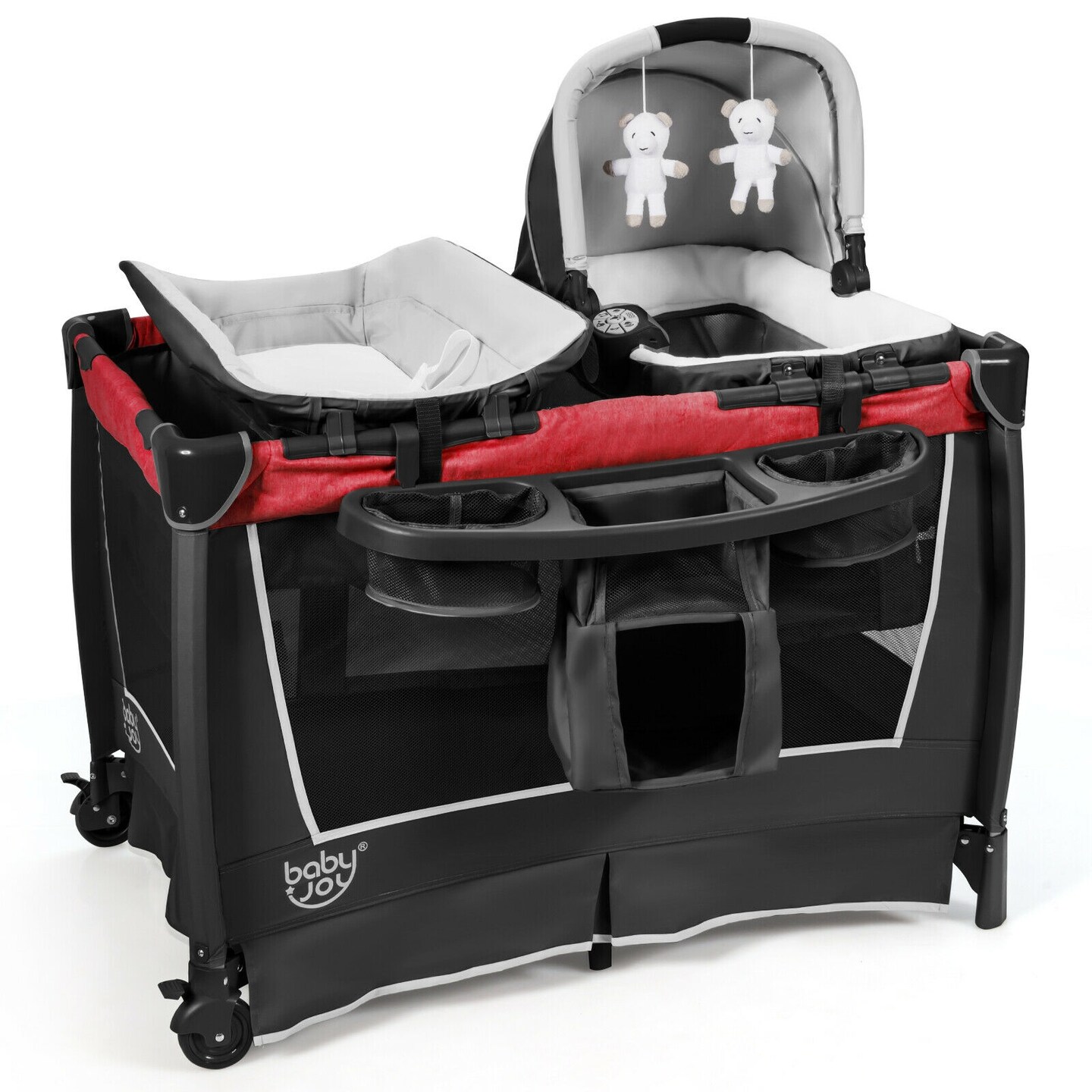 4-in-1 Convertible Portable Baby Play yard with 2 Hanging Toys and Music Box