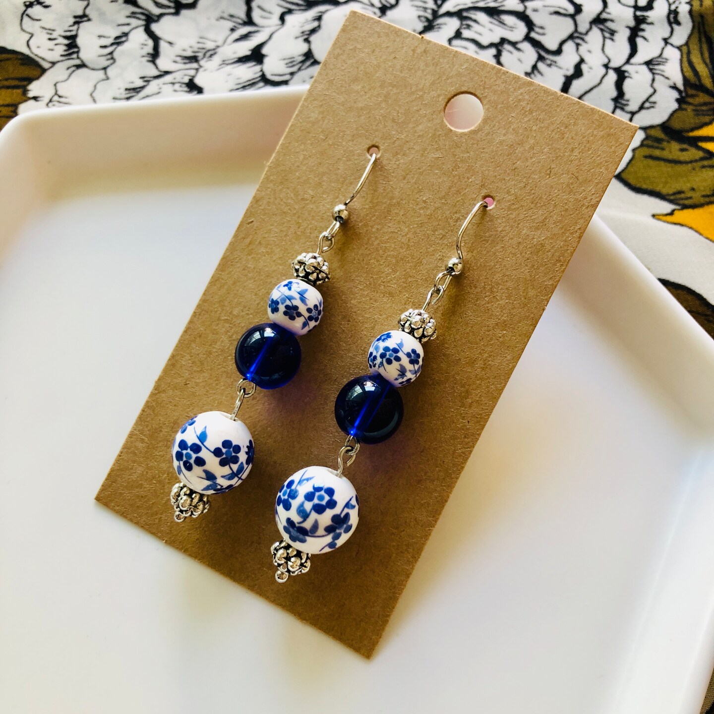 White Beaded Flower Earrings with Blue Fringe | Handmade 2024 Earrings