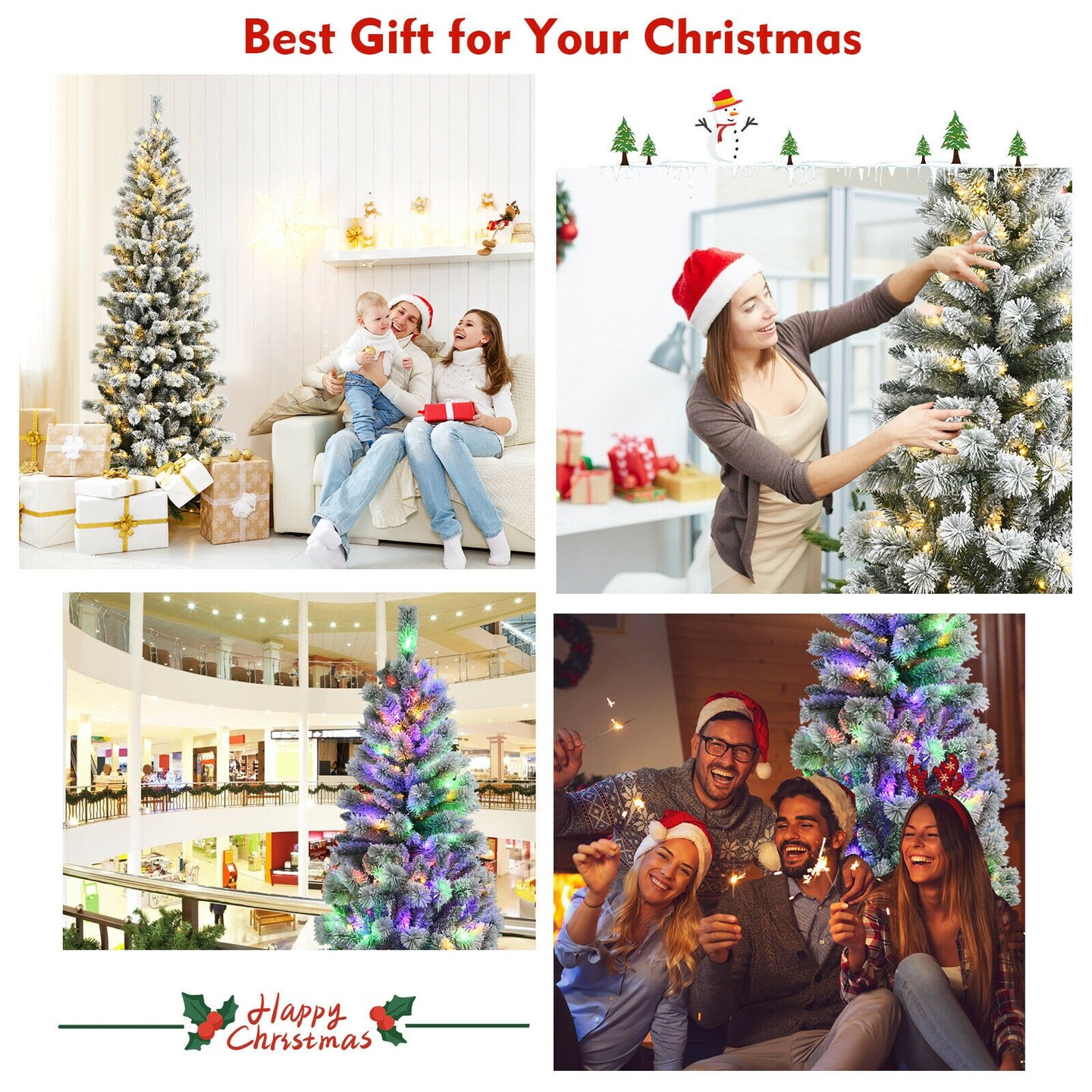 Pre-Lit Hinged Christmas Tree Snow Flocked with 9 Modes Remote Control Lights