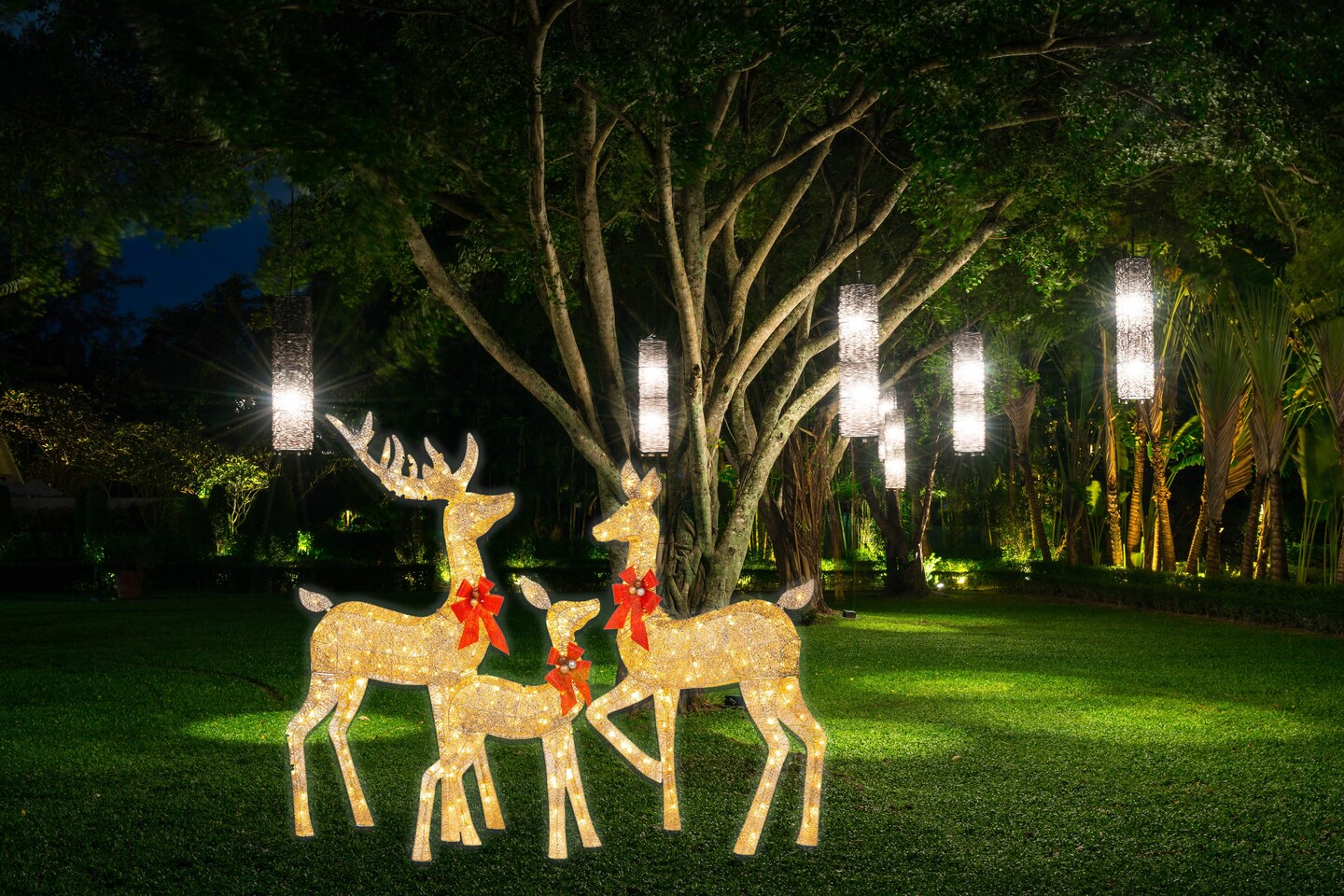 Holiday Decor 3-Piece Christmas Elk Decoration Set Featuring Plug-in LED Lights - Tall Elk: H-48&#x22; W-24&#x22;, Medium Elk: H-36.6&#x22; W-26&#x22;, Short Elk: H-23.8&#x22; W-12.6&#x22; - for Christmas and Winter Celebrations