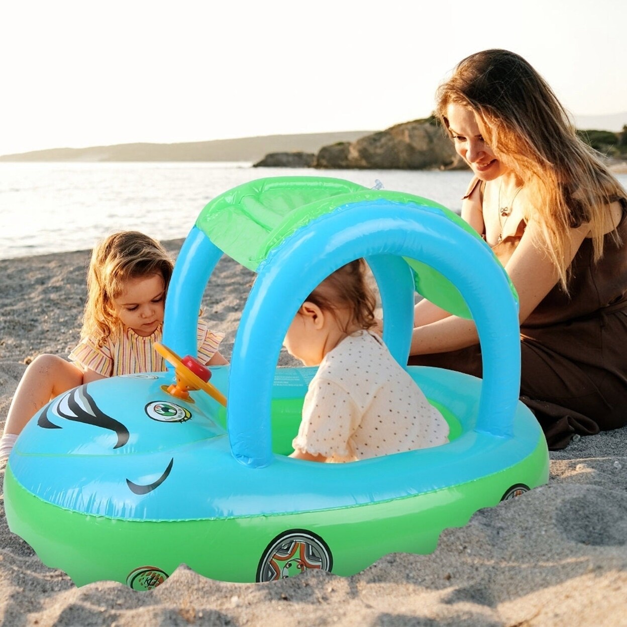 Baby Inflatable Pool Float Car Shaped Toddler Swimming Float Boat Pool Toy Infant Swim Circle Pool With Sun Canopy