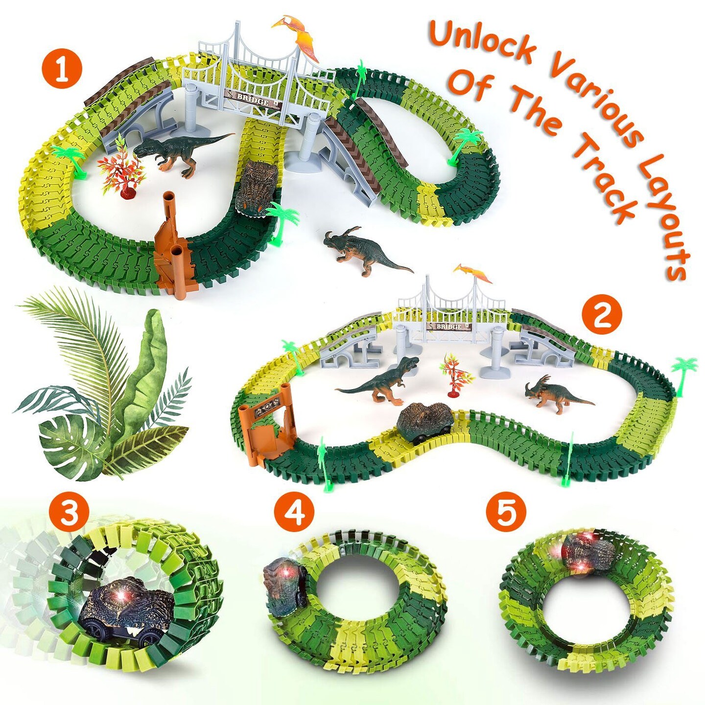 175Pcs Dinosaur Race Track DIY Set with 3 Dinosaurs and 1 Race Car