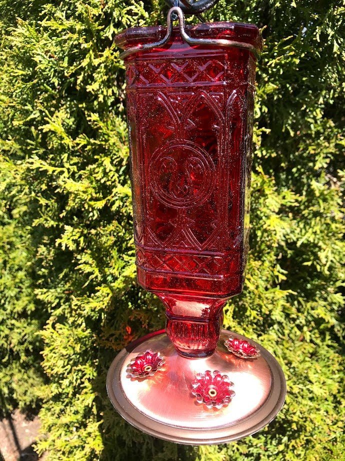 Hummingbird Feeder Vintage Inspired Red Glass SQUARE