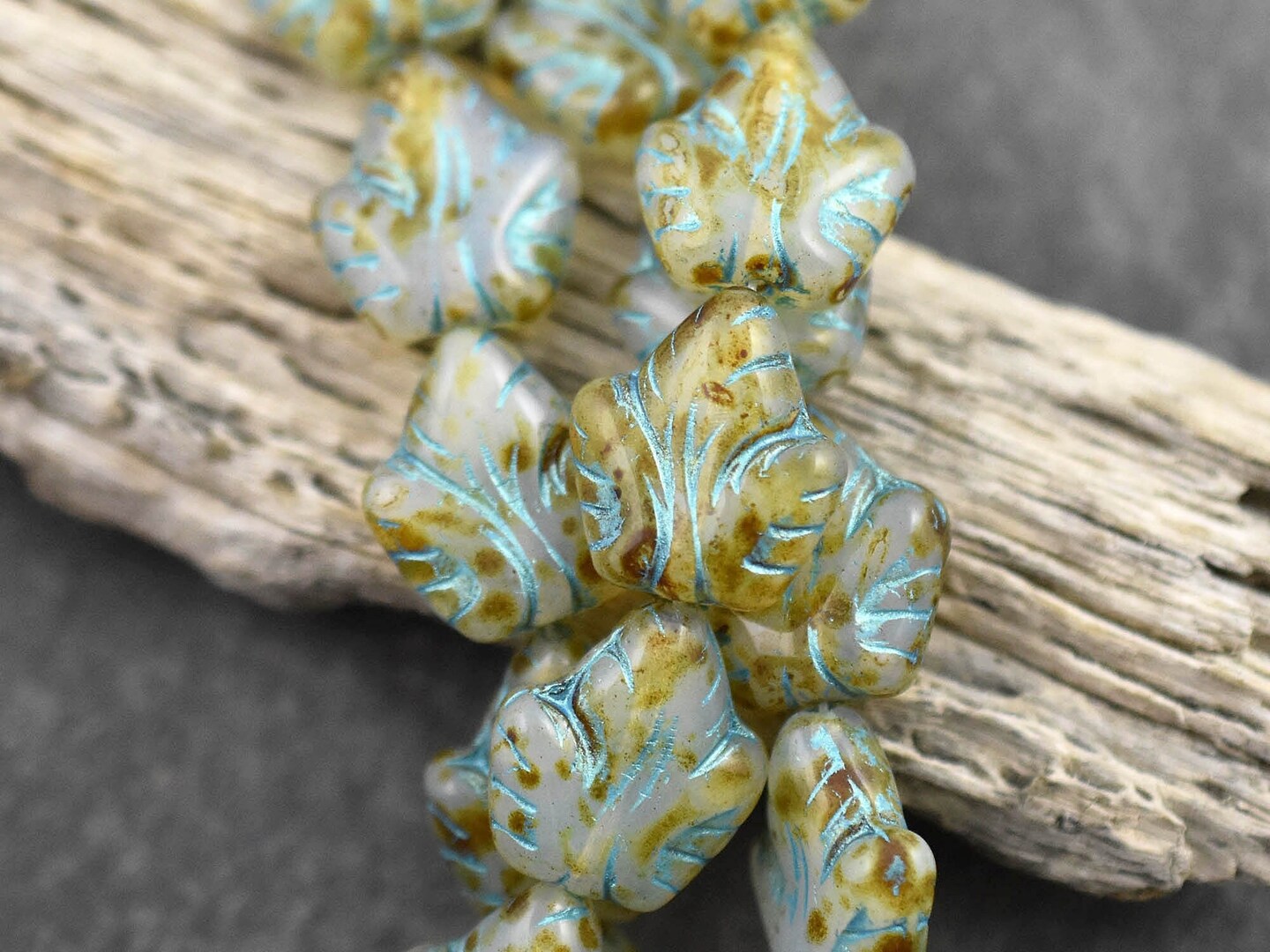*8* 16x14mm Turquoise Washed Milky Crystal Opaline Grape Leaf Beads